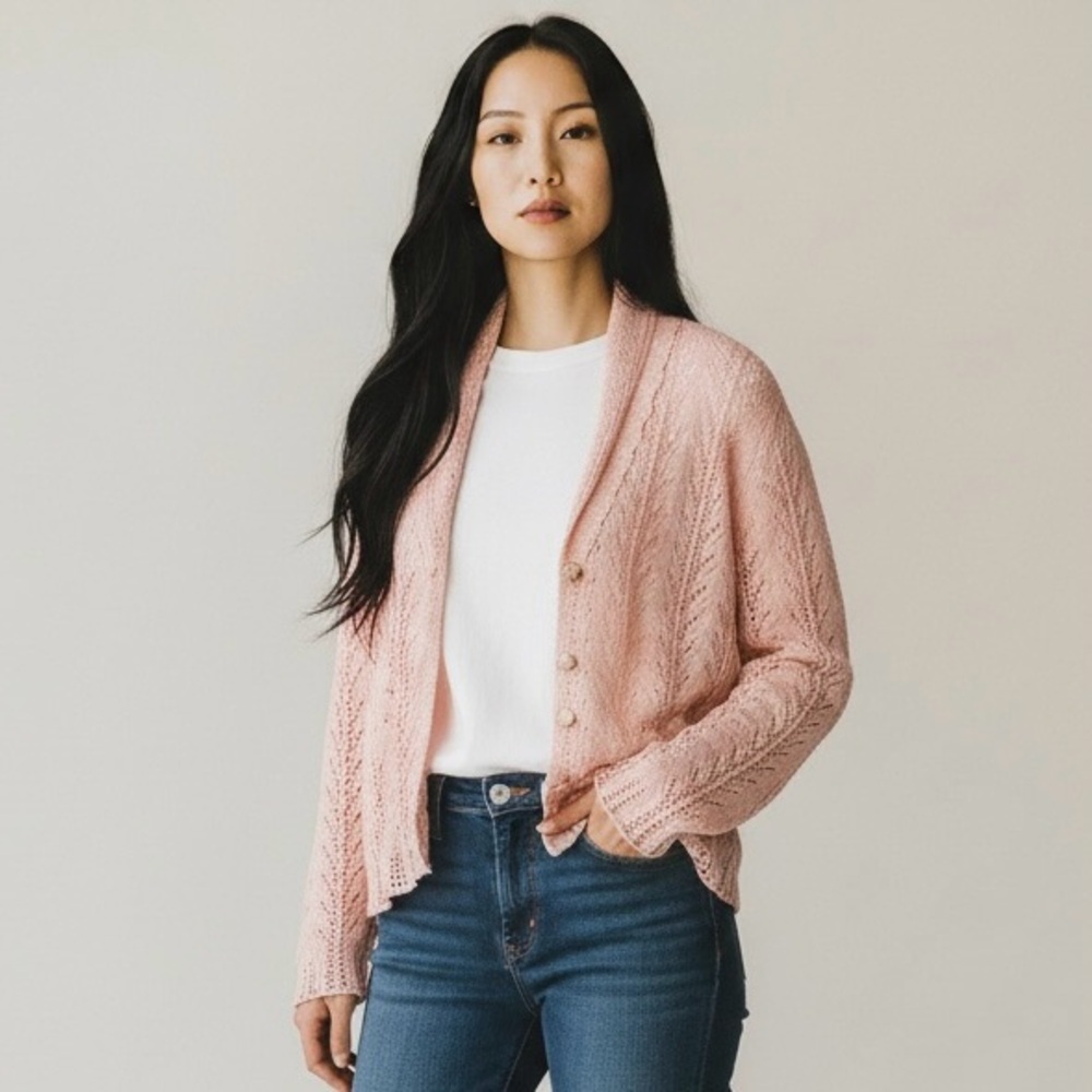 J. Jill Soft Pink Cardigan Sweater open knit pointelle button front cardi